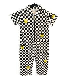 Little Trouble Smile Squad Checkered Jumpsuit 3T Black White Smiley Face Zip Up